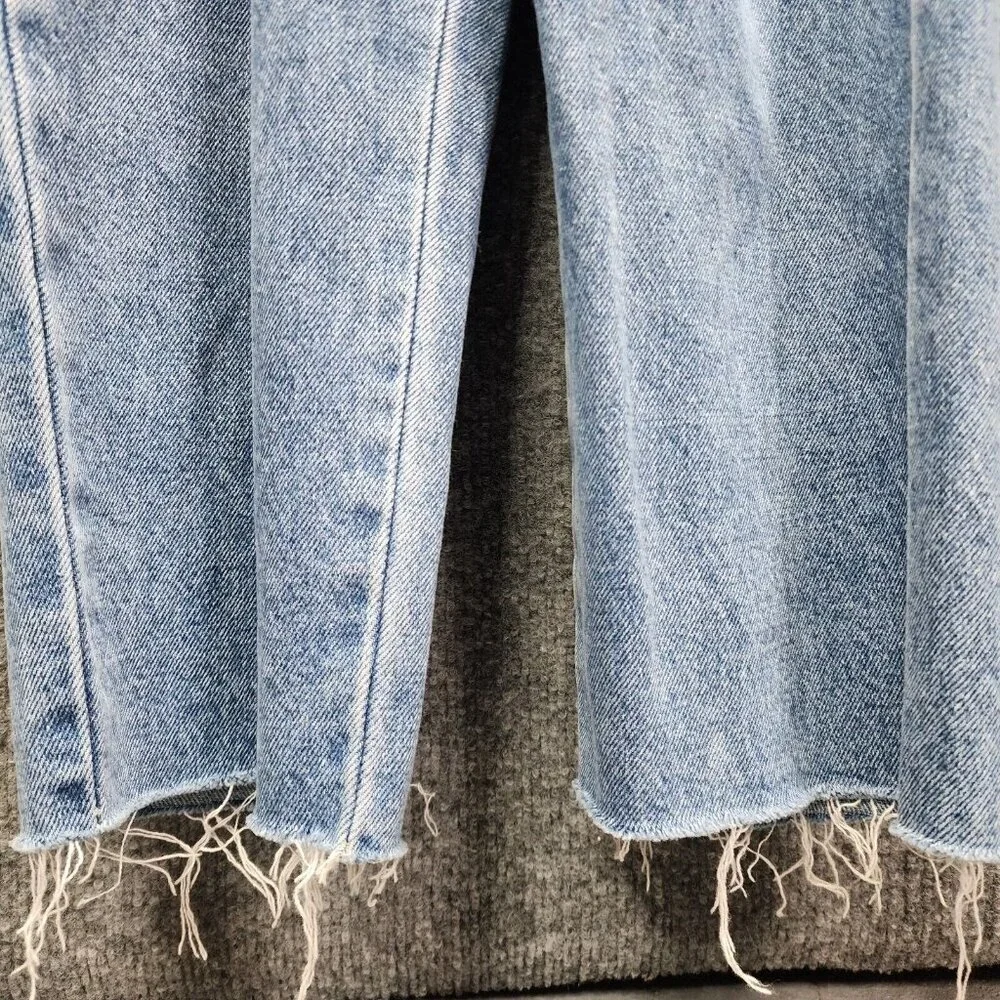 Blank NYC Denim Jumpsuit SMALL Relaxed Fit Belted Cropped Raw Straight Leg‎